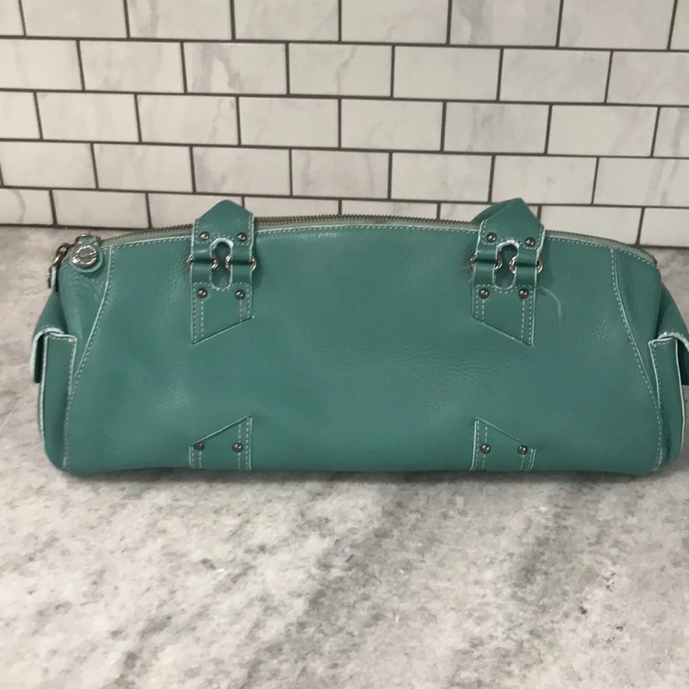 Cole Haan Leather Villager Bag Womens Teal Blue Barrel Satchel Purse - Picture 4 of 10